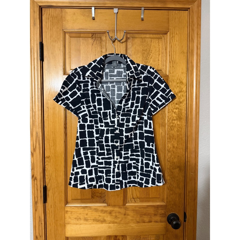 Ann Taylor Womens Black White Geometric Grid Short Sleeve Button Down Shirt 10